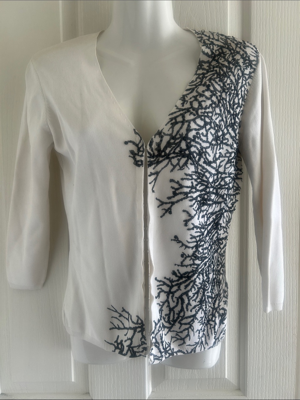 Cyrus White Cardigan with Navy Branch Embroidery